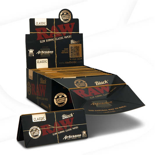 Raw - Black Artesano Rolling Papers w/ Tray + Tips King Size Slim 15pk