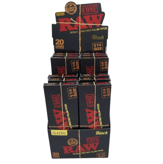 RAW - Black Pre-Rolled Cones - 20 Pack - 1 1/4 Size