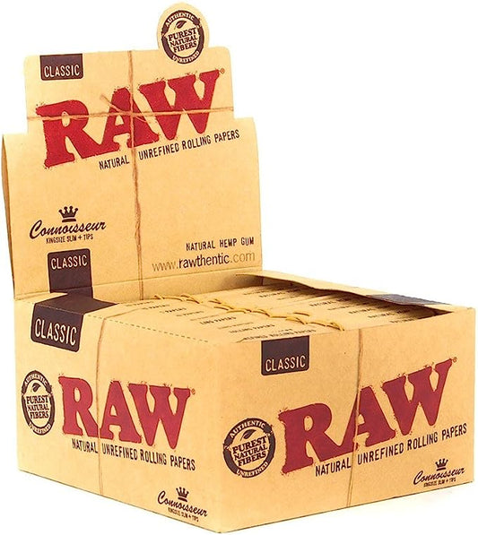 Raw - Classic Connoisseur King Size Slim with Tips Rolling Paper (24pc Display)