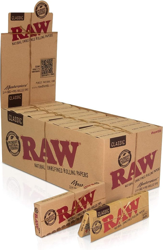 RAW - Masterpiece 1 1/4 Classic Rolling Paper with Pre-Rolled Tips (24pc Display)