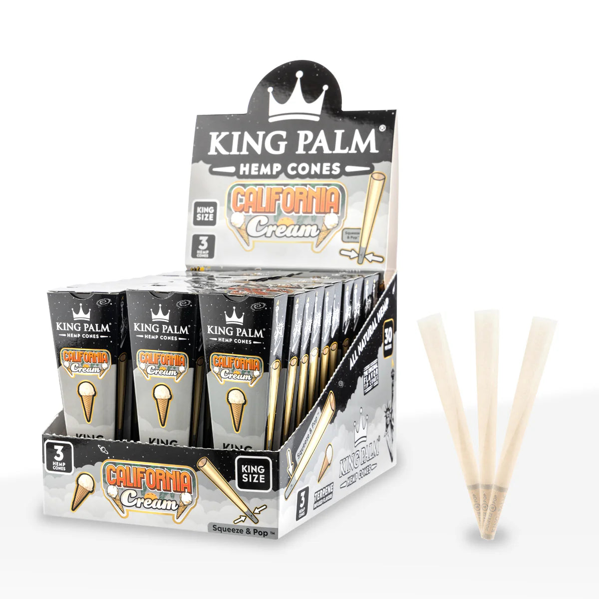 King Palm - Hemp Cones - King Size 3pk (30ct display)