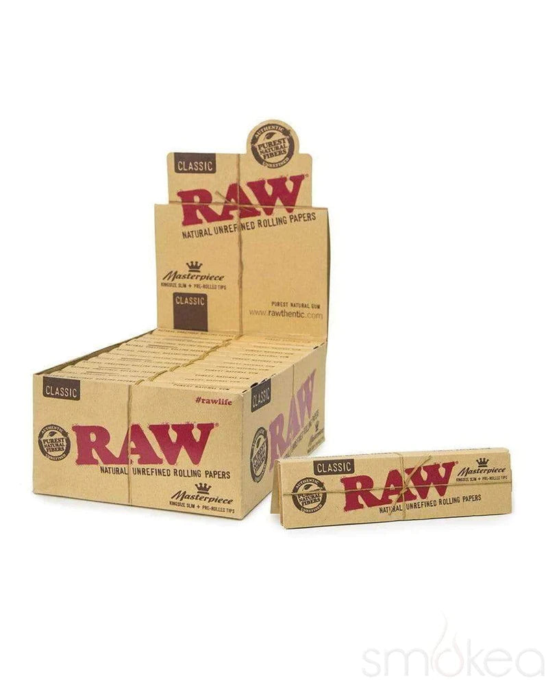 Pre Boxed Paper Raw - Masterpiece Kingsize Slim Rolling Papers + Pre-Rolled Tips (24 p ...