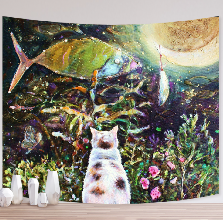Trippy Cat & Fish - Tapestry